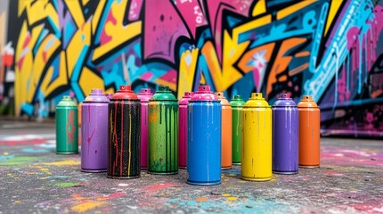 Naklejka premium Vibrant Colorful Spray Paint Cans with Dripping Paint Standing on Asphalt Ground Against an Abstract Urban Street Art Graffiti Wall Background