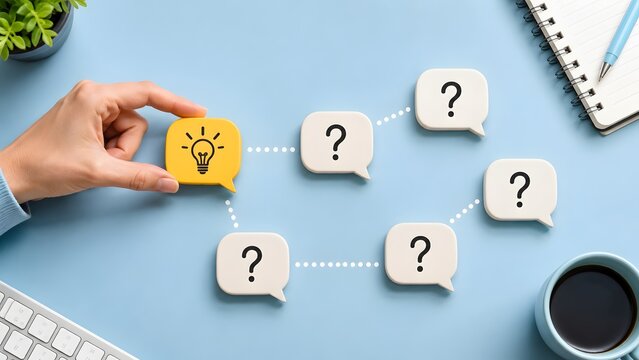Customer journey mapping strategy featuring hand connecting yellow idea bubble to question marks on office desk