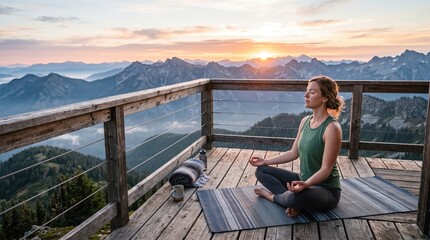Fototapeta premium Sunset Yoga Practice on a Scenic Mountain Deck