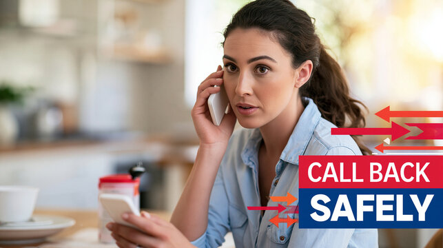 A cautious woman ends a suspicious phone call and immediately dials the official bank number from a contact list, realistic kitchen or home office scene, combined with bold vector