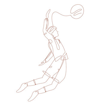 A young man jumps and hits the ball with his hand; a single line; brown