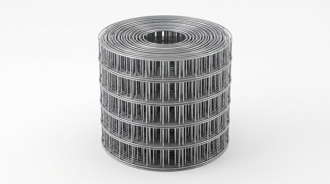 A roll of welded wire mesh with square grid pattern. Shiny galvanized steel, coiled into a cylinder on white background. Used for fencing, reinforcement, or cages.