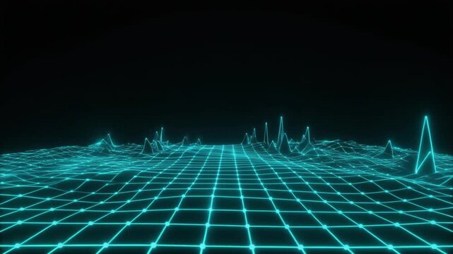 Cyan glowing light grid breathing rhythmically in a dark void with static camera framing