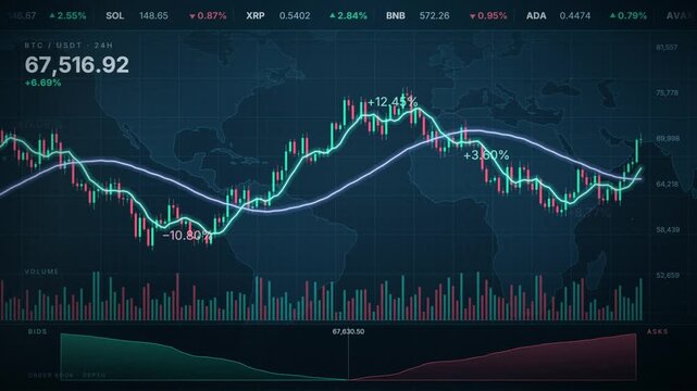 Cryptocurrency Candlestick Chart Animation with World Map and Moving Average Indicators