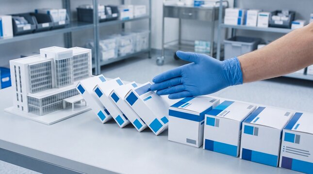 A worker in blue gloves arranging packages and a model building in a clean, organized industrial workspace.