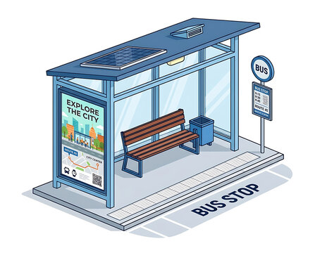 Retro Pixel Art Bus Stop Shelter with Advertising Panel and Seating Ready for City Transit