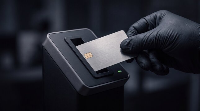 A person wearing a black glove inserting a silver credit card into a payment terminal, ad social media download thambnail poster web template event festival 2026 2027 2028