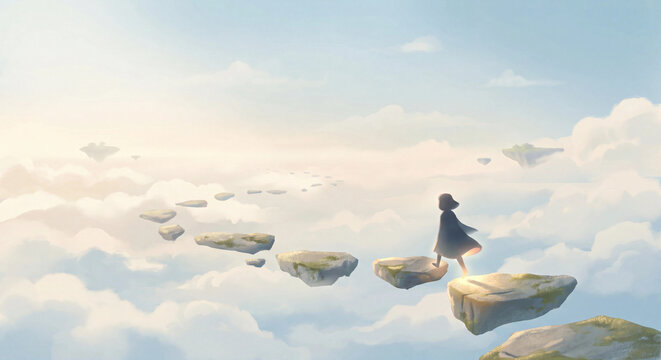 Person walking across floating rocks above clouds in a surreal sky landscape