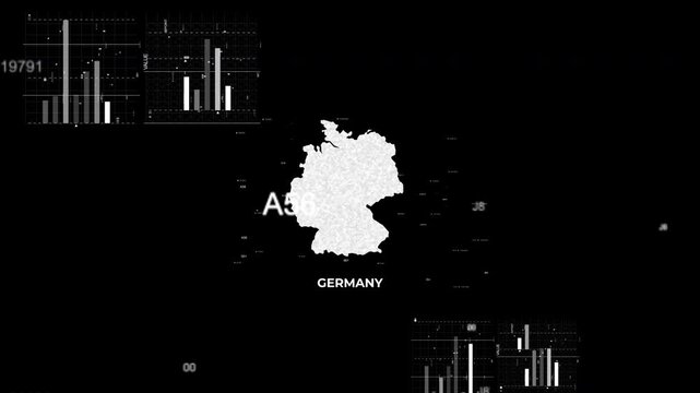 Germany map animation showcasing economy, infrastructure, technology, population, energy, trade, and national development data for presentations, films, documentaries, and motion graphics.