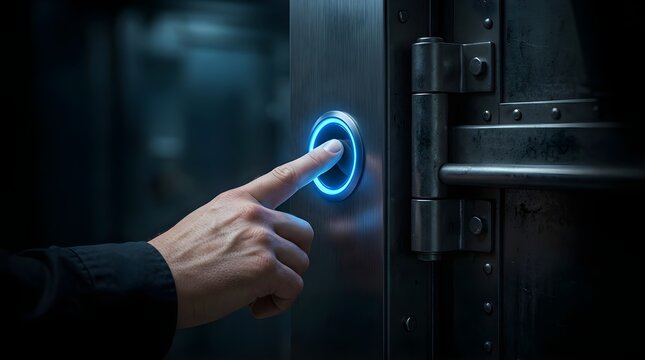 Human finger pressing a glowing blue button on a heavy metal vault door
