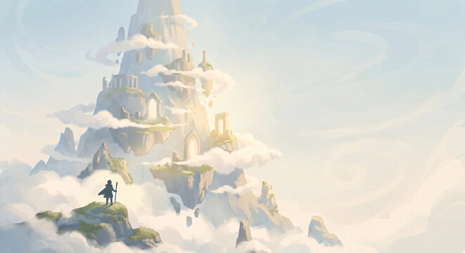 Castle floating above clouds with magical towers and golden light in fantasy sky