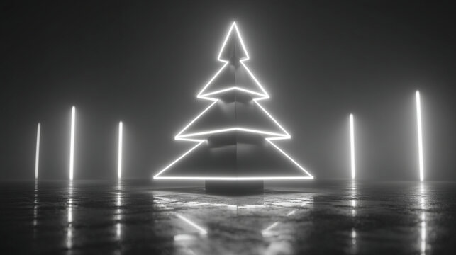 Glowing abstract light installation of a christmas tree in dark misty environment