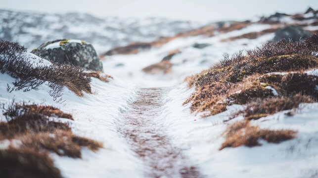 Snowy path through landscape