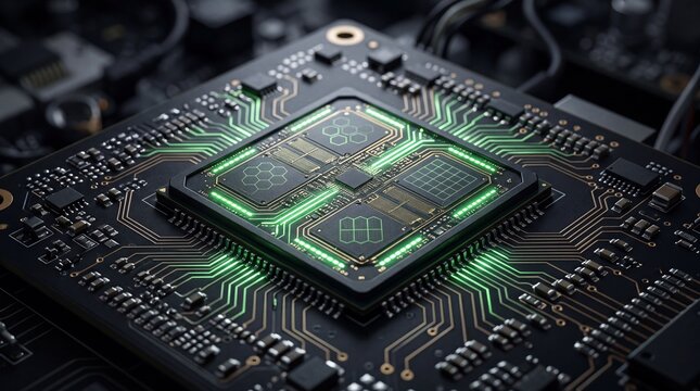 Close-up of a modern microprocessor with glowing circuitry, symbolizing advancements in technology and innovation.