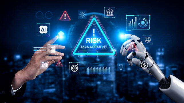 Futuristic risk management featuring AI agents analyzing data, detecting anomalies, and predict financial threats. Represents dynamic risk assessment, compliance, and cyber resilience. Corpus