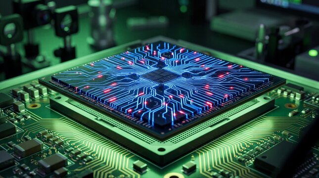 Close-up of an advanced microprocessor displaying intricate circuit patterns and glowing lights.