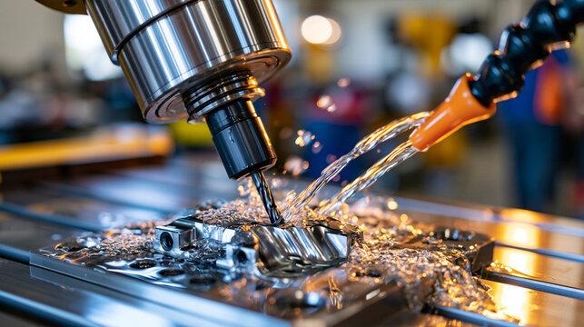 Front perspective of a state of the art CNC milling machine shaping a complex plastic mold insert with a high speed ball endmill cutter, crystal clear coolant droplets sparkling across the workpiece