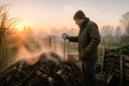 Elderly man checking steaming compost pile with thermometer at sunrise in a garden