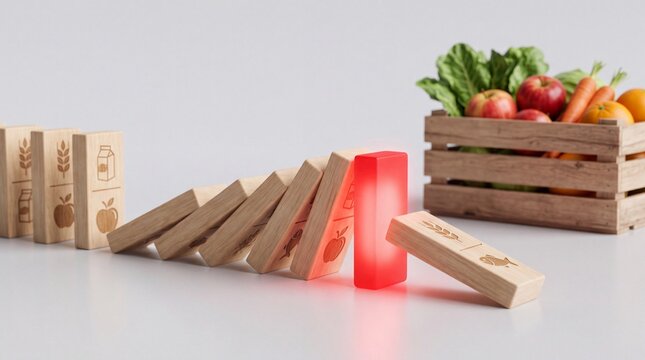 Colorful fruits and vegetables arranged with wooden blocks to create a striking visual effect.