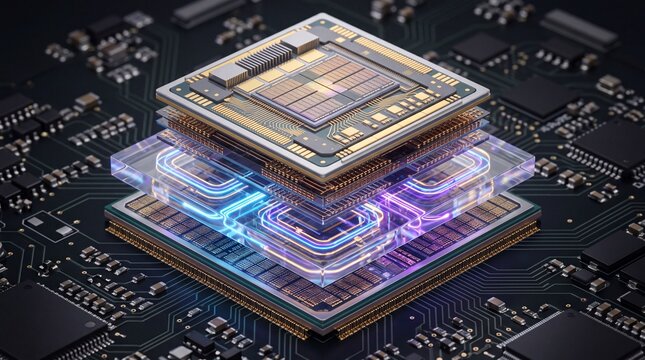 Colorful 3D illustration of advanced microchip on a circuit board, showcasing modern technology and innovation.