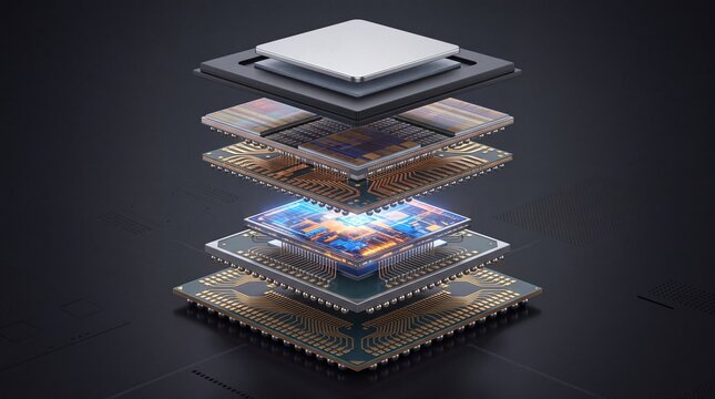 Exploded view of computer processor layers showcasing advanced circuitry and design for modern technology.