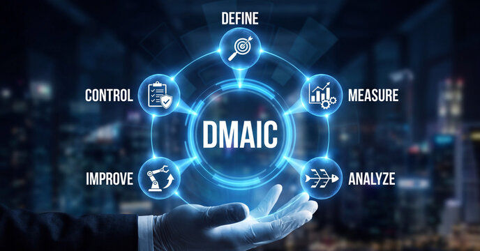 DMAIC process methodology displayed as digital blue circular icons held by business person in a dark professional corporate environment