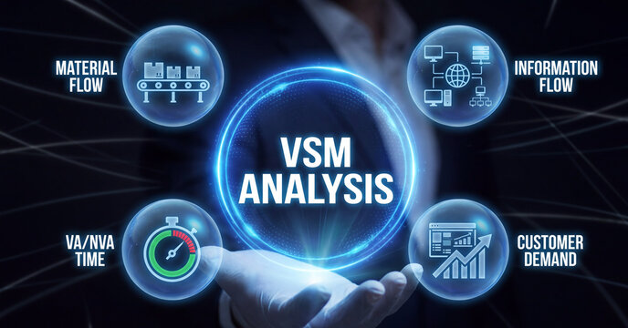 VSM analysis concept displayed by businessman holding glowing digital interface showing material flow information and customer demand process optimization metrics