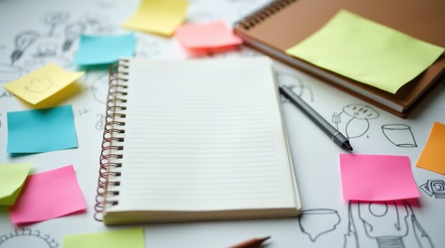 Un cuaderno rodeado de notas adhesivas coloridas y bocetos creativos