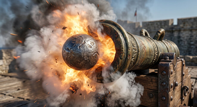 Close-up of an antique cannon firing a heavy iron ball in a historic fortress.