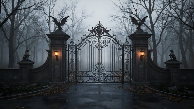 Gothic-style wrought iron gate in foggy forest setting