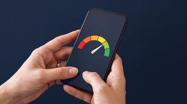 Hands holding a smartphone displaying a colorful speedometer gauge representing performance ad social media download thambnail poster web template event festival 2026 2027 2028
