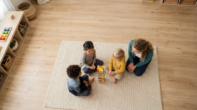 A teacher and diverse group of children playing with wooden blocks in a classroom.