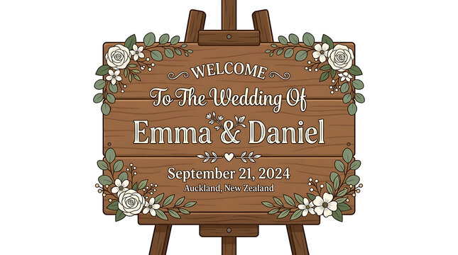 Rustic Wooden Wedding Welcome Sign with Floral Accents Announcing The Wedding Of Emma And Daniel On September 21 2024