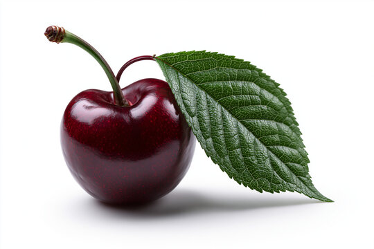 A single ripe red cherry with green leaf isolated on white background