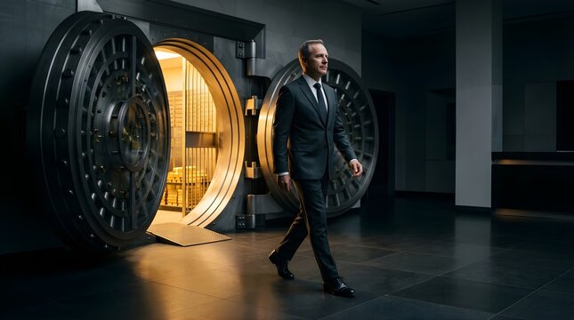 Professional businessman walking out of a bank vault filled with gold