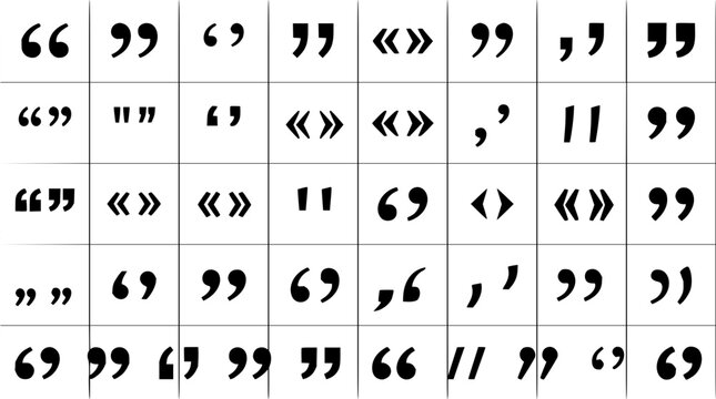 Quotation marks grid pattern set with symmetrical typography featuring speech marks, inverted commas, and quotation symbols with clean lines and minimalist design