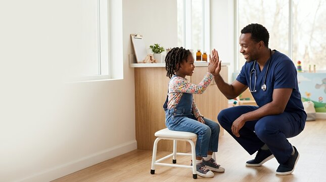 Friendly doctor giving a high five to a young girl in a clinic.