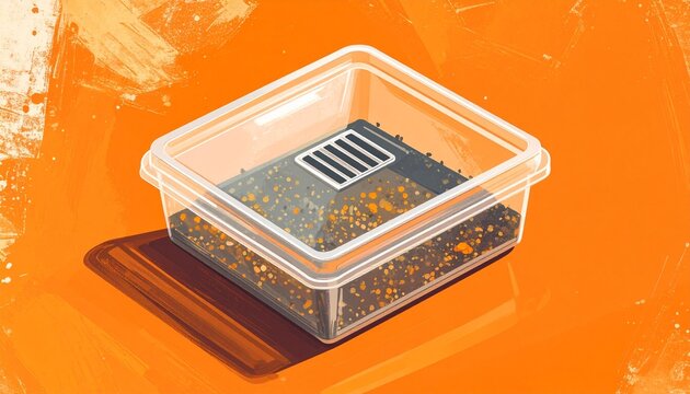 Clear plastic container with dried herbs on orange background.