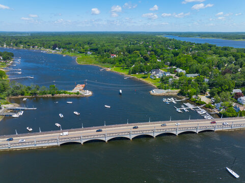 Barrington Bridge aerial view over Barrington River in town of Barrington, Rhode Island RI, USA. 
