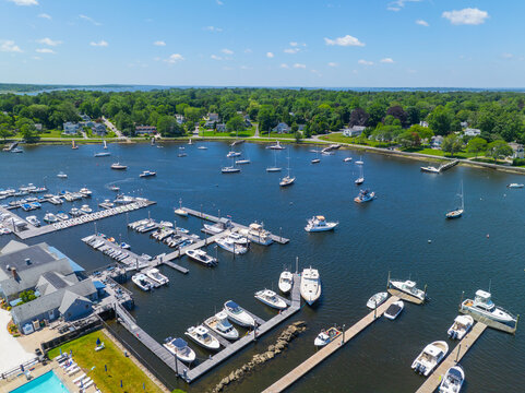 Yachts at Barrington Yacht Club aerial view on Barrington River in town of Barrington, Rhode Island RI, USA. 