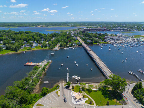 Barrington Bridge aerial view over Barrington River in town of Barrington, Rhode Island RI, USA. 