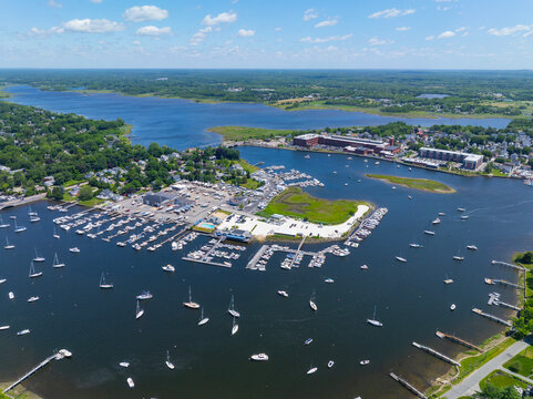 Barrington Yacht Club aerial view at Tyler Point in town of Barrington, Rhode Island RI, USA. Tyler Point located at the mouth of Palmer River into Barrington River. 