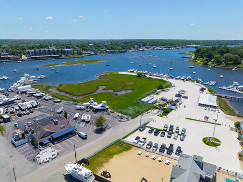 Barrington Yacht Club aerial view at Tyler Point in town of Barrington, Rhode Island RI, USA. Tyler Point located at the mouth of Palmer River into Barrington River. 