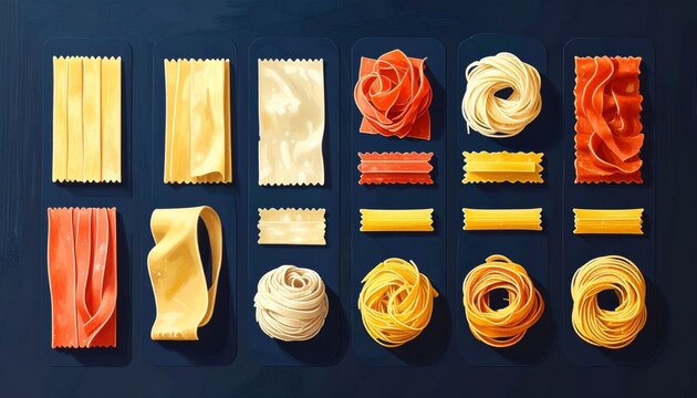 Assorted Pasta Shapes and Colors on Dark Background.