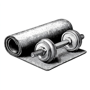 Black and white engraving of a dumbbell and a rolled fitness mat with dumbbell, exercise