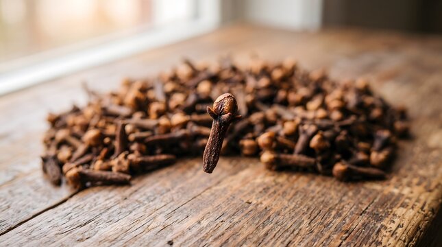 Close-up of a single dried clove spice standing on rustic wood table, with many more cloves in a blurred background, illuminated by natural light.