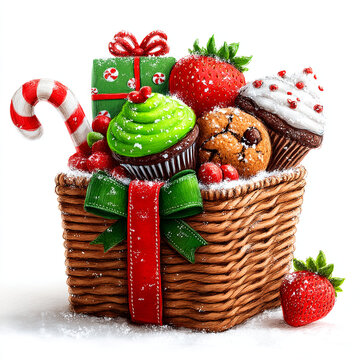 Christmas gift basket filled with festive cupcakes strawberries and candy canes, cupcakes