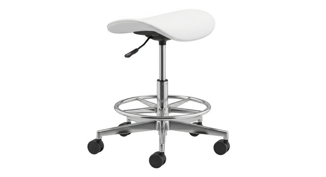 Modern white ergonomic stool with adjustable height and casters for office or medical use