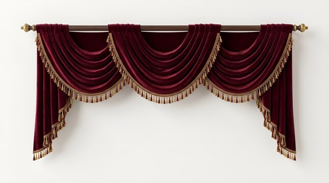 Luxury Burgundy Velvet Curtain Valance with Gold Fringe Trim and Elegant Drapery for Classical Interior Design