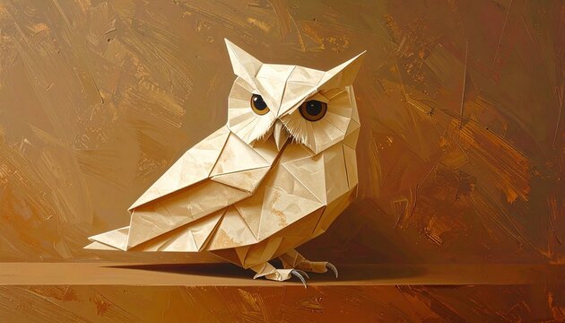 Origami owl paper craft on wooden surface.